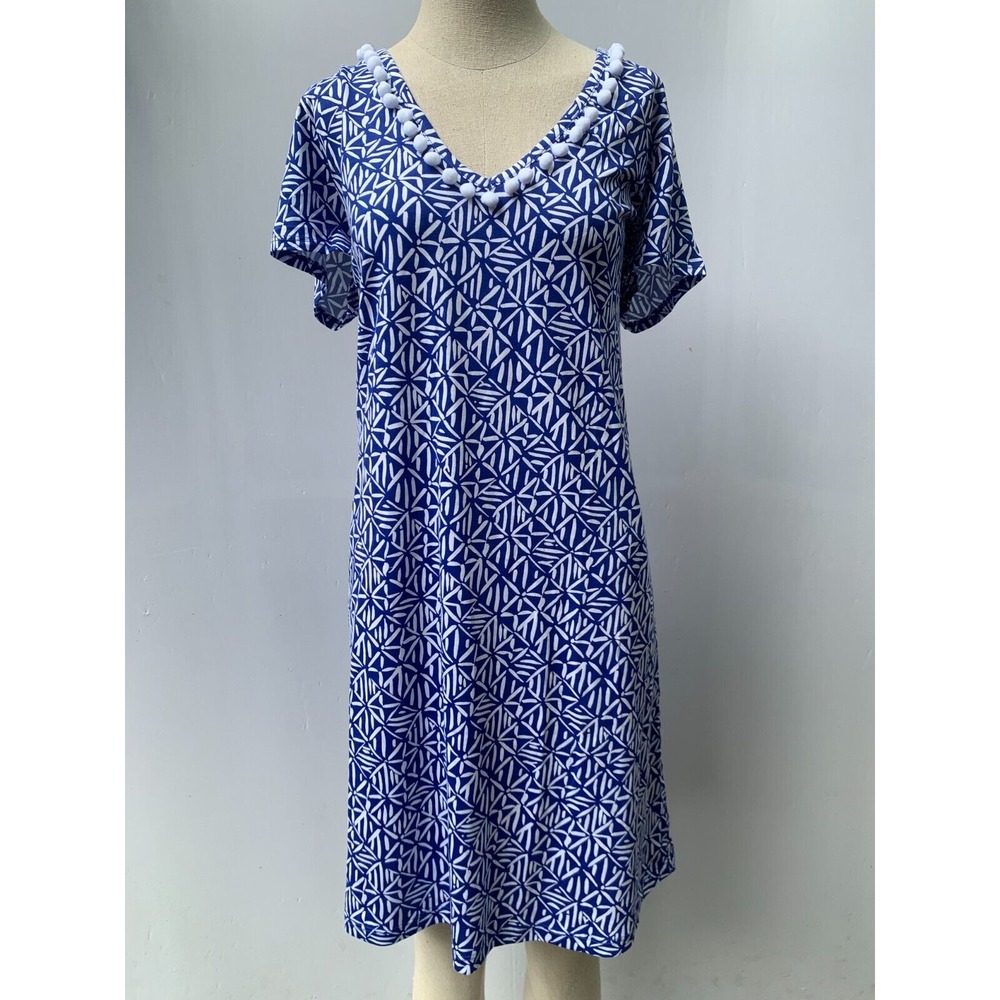 Lilly‎ Pulitzer Etta V Neck Dress Medium Blue Easy Peasy Short Sleeve A Line